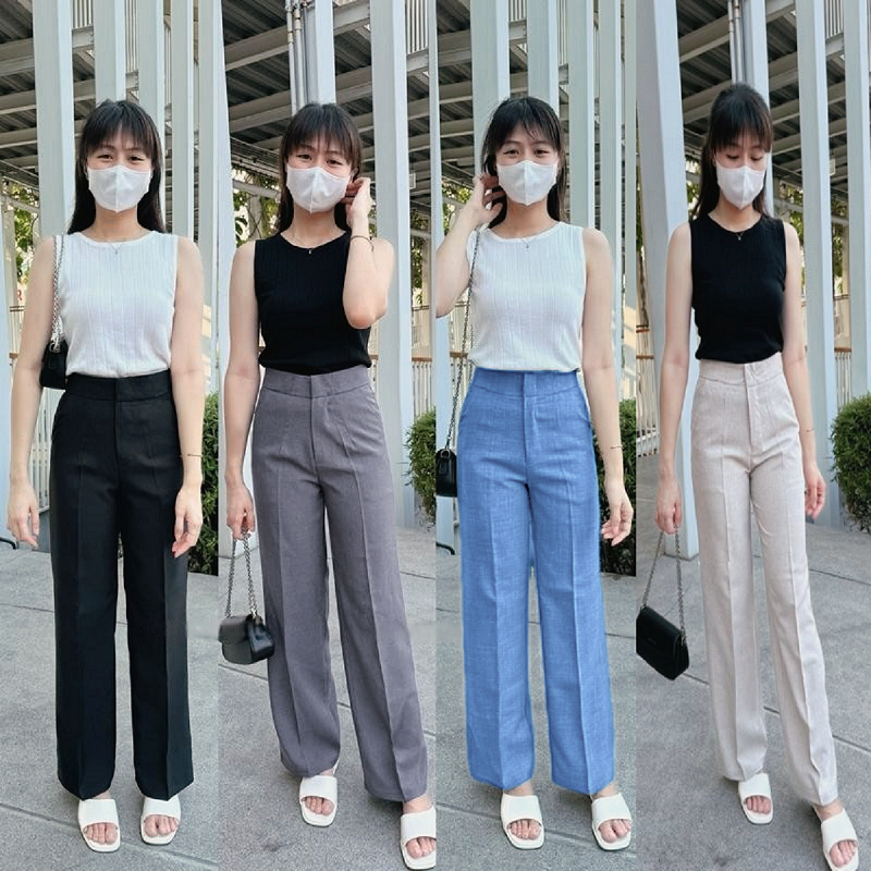 Women หลวม กางเกงยาว high กางเกว casual loose กางเกงพริ้ว กางเกงสบายๆ high waist fashion black