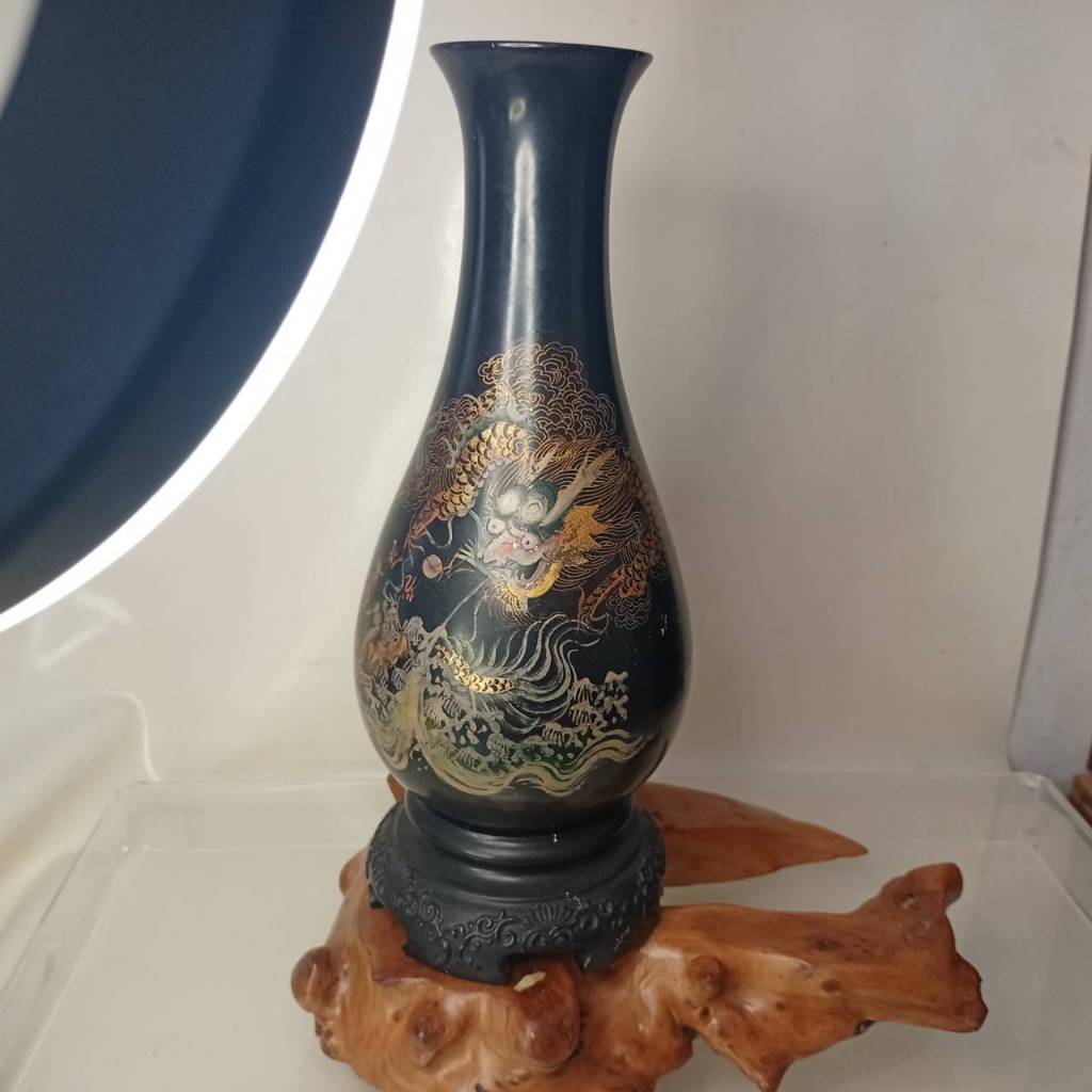 แจกันไม้ ลายมังกร 12 " นิ้ว Chinese Dragon Painted Fuzhou Foochow Black Lacquerware Vase Lacquer Asi