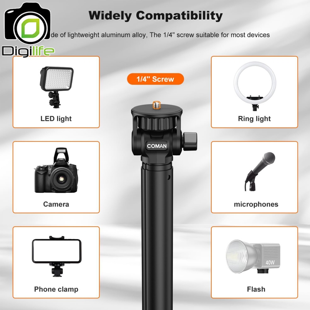 Coman Tripod MT60 - Camera & Phone Stand ขาตั้งมือถือ ขาตั้งกล้อง ไม้เซลฟี่ สูง 180 ซม. / Digilife Thailand