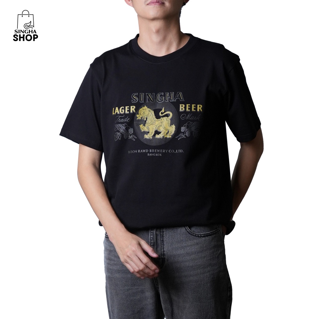 เสื้อยืดคอกลมสีดำ โลโก้สิงห์
