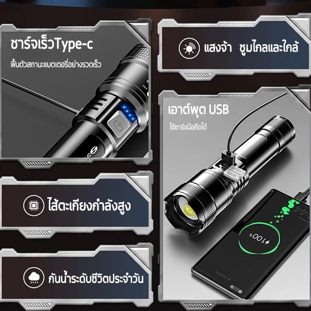 บซูมได้ ไฟฉายมือถือ ไฟฉายชาร์จได ไฟฉายเดินป่า ไฟฉาย led ชาร์จได้ ​ไฟฉายแบบชาร์จ ไฟฉายแรงสูงไกล น้ำโดนฝนได้ ไฟฉายแรงสูงไ - รูปที่ 3
