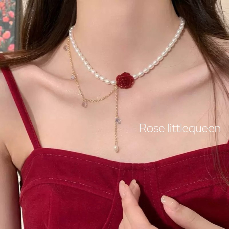 สร้อยแฟชั่น🌹สร้อยไข่มุขจี้กุหลาบห้อยด้วยโซ่🇹🇭ส่งสินค้าทุกวันสินค้าพร้อมส่ง