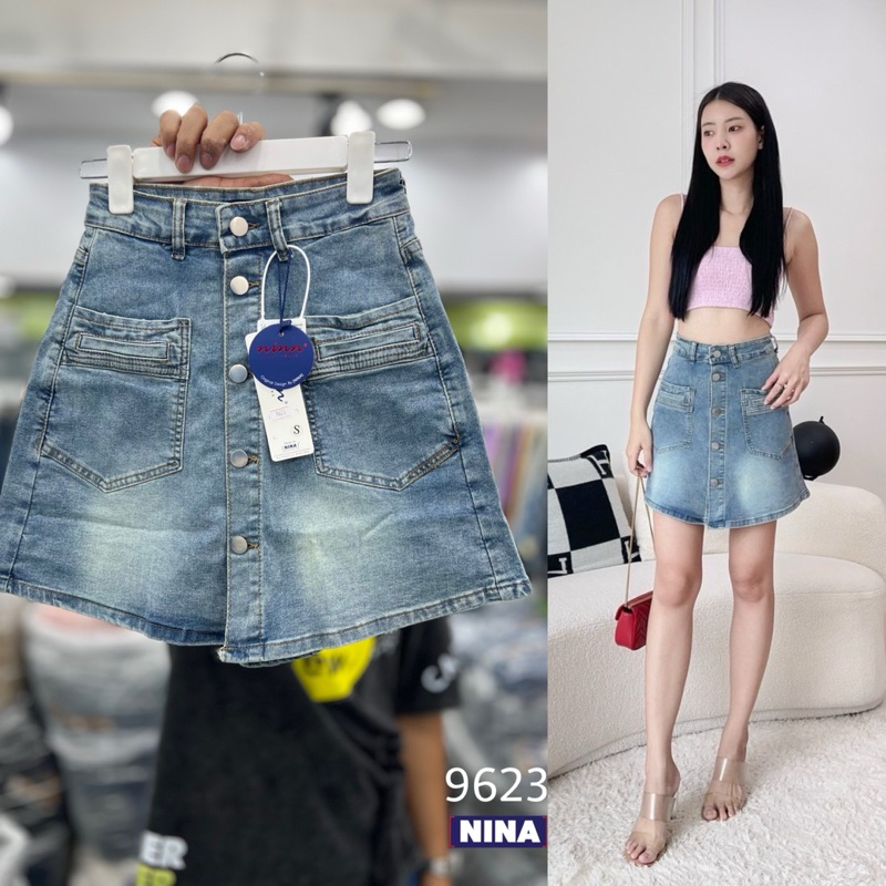 🌈𝑵𝒊𝒏𝒂.𝒋𝒆𝒂𝒏𝒔#9623  กางเกงกระโปรงผ้ายืดเยอะ กระเป๋าเจาะ งานกระดุมผ่าหน้า สีฟอกสนิมอ่อนๆ ผ้ากระชับทรง