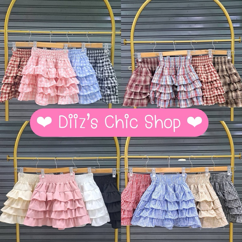 ❤️ Diiz’s ❤️ กระโปรงสั้น ทรงเป็นชั้นๆ เอวสม็อกขอบใหญ่ ผ้าคอตตอน ลายสก๊อต
