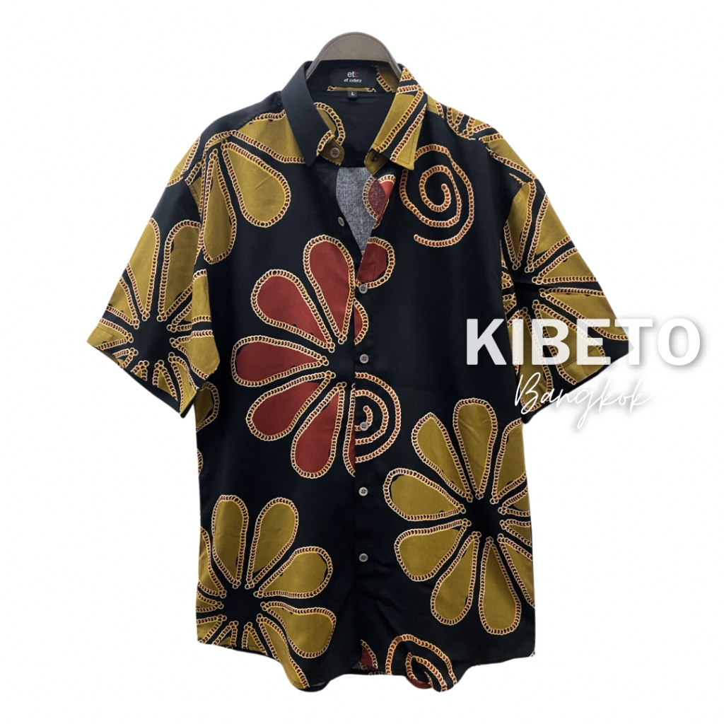 Kibeto เสื้อฮาวาย ลายกลีบดอกไม้ สีดำ ผ้าสปันเรยอน เนื้อนิ่ม ใส่สบาย M L XL 2XL 3XL
