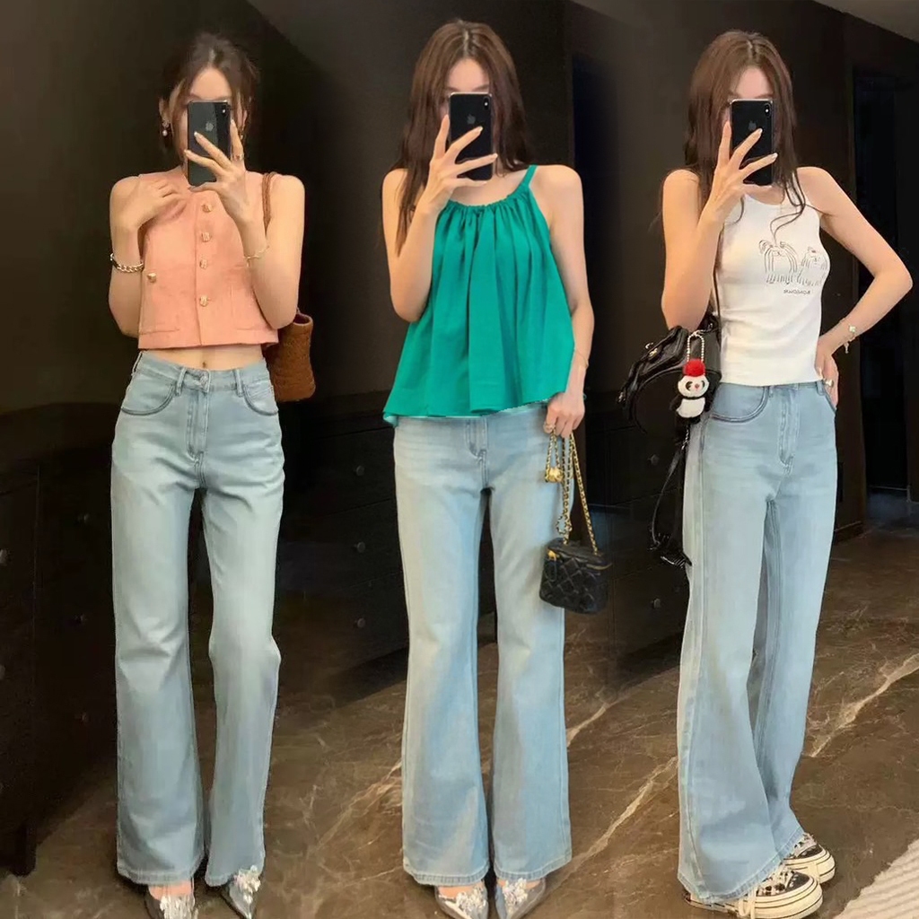 🔥ใหม่แนะนำ🔥pantstop🏳️‍🌈 กางเกงยีนส์ ทรงกระบอกตรง ชายลุ่ย เอวสูง Jean Girlฟ้าอ่อน มี 6 size