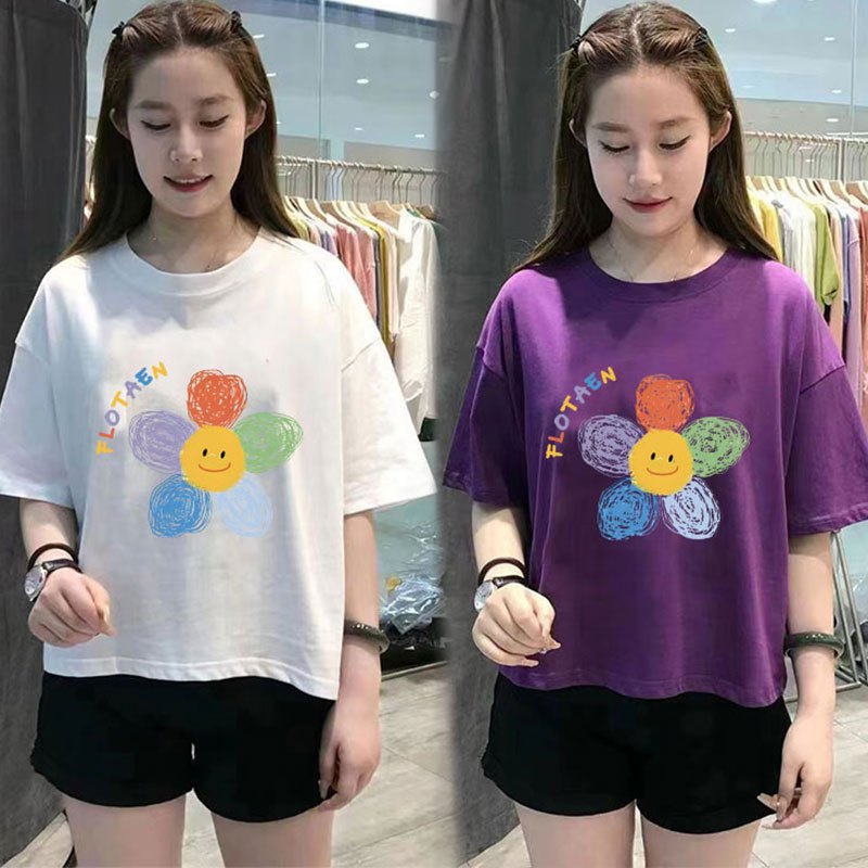 เสื้อครอปคนอ้วนไซส์ใหญ่ Oversize เสื้อผ้าสาวอวบน่ารักๆ เสื้อยืดแฟชั่นผู้หญิงแขนสั้นแบบหลวมสไตล์เกาหลี กําลังฮิตใหม่