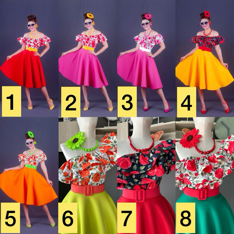 เซตเสื้อคอระบายกระโปรงสีพื้น ชุดย้อนยุค ชุดทองกวาว (ครบเซ็ต) – โปรปัง