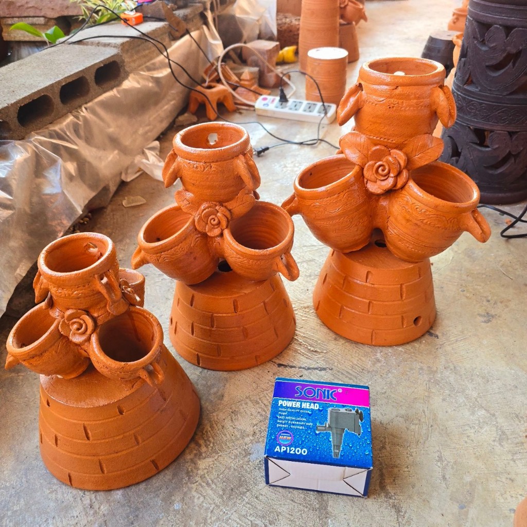 น้ำรินดินเผา สีเคลือบเงา ได้น้ำริน+ฐาน+ปั้มAP1200  ตกแต่งสวน ตกแต่งอ่างปลา(เลือกขนาด)