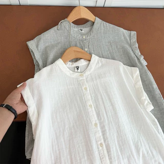 เสื้อคอจีนแขนสั้น - พับแขน เสื้อสไตล์ญี่ปุ่น มูจิ มินิมอล ผ้าสาลู 2 ชั้น by Herbiestyle