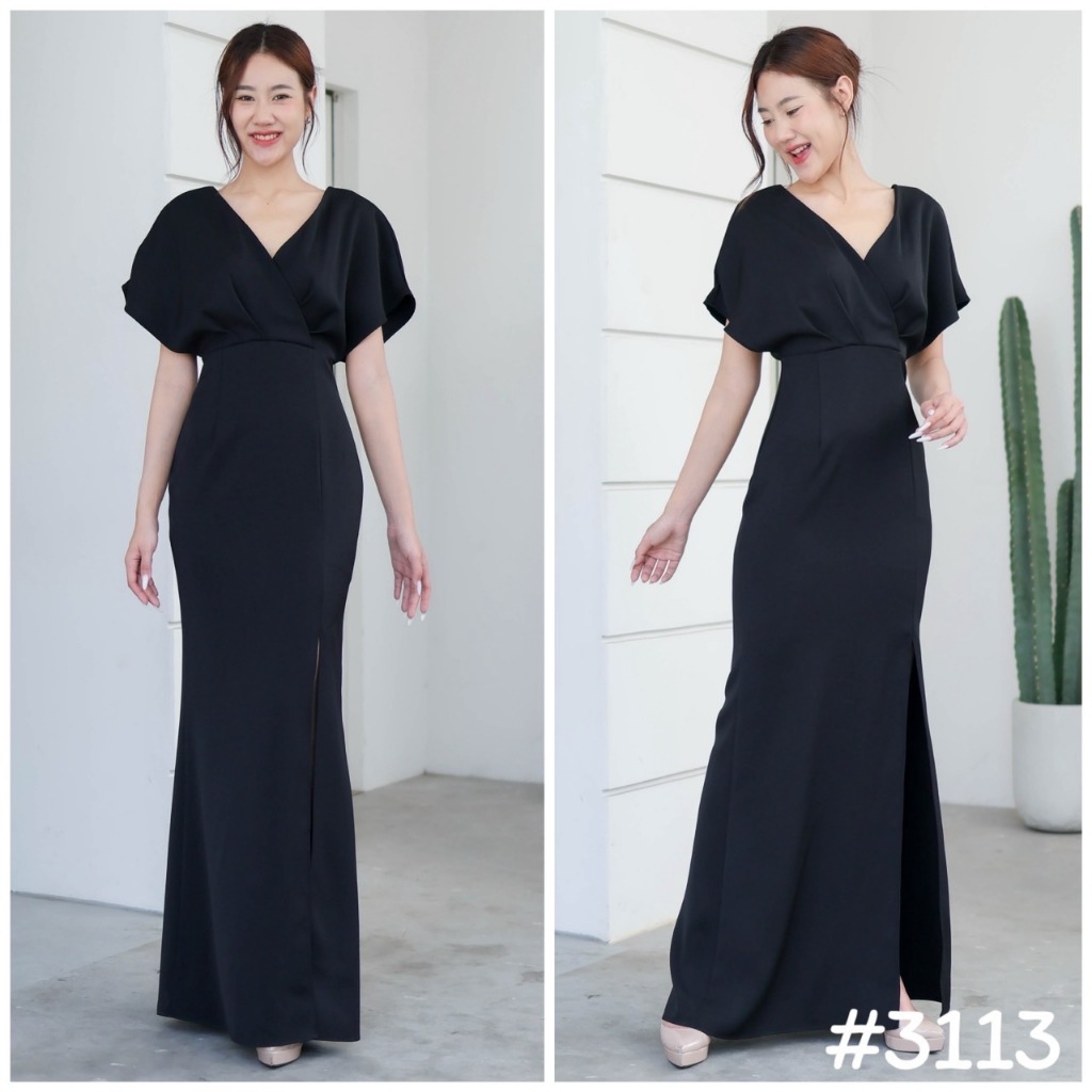VO3113  คอวี เปิด/ปิดบ่า ชุดออกงานทางการ ทรงสุภาพ ชุดพิธีการ เดรสทำงาน [LUXURY707]