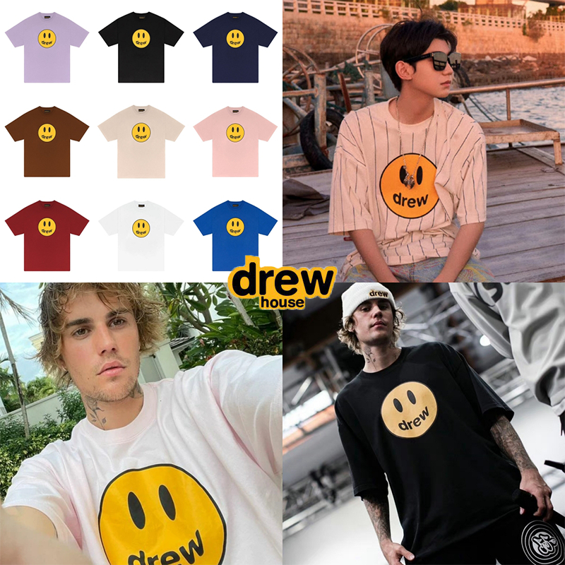 MINI-SHOP⚡Drew HOUSE Classic Smiling Face พิมพ์ผู้ชายและผู้หญิงเสื้อยืดแขนสั้นลําลอง  ของแท้ 100% จาก Korea Duty Free