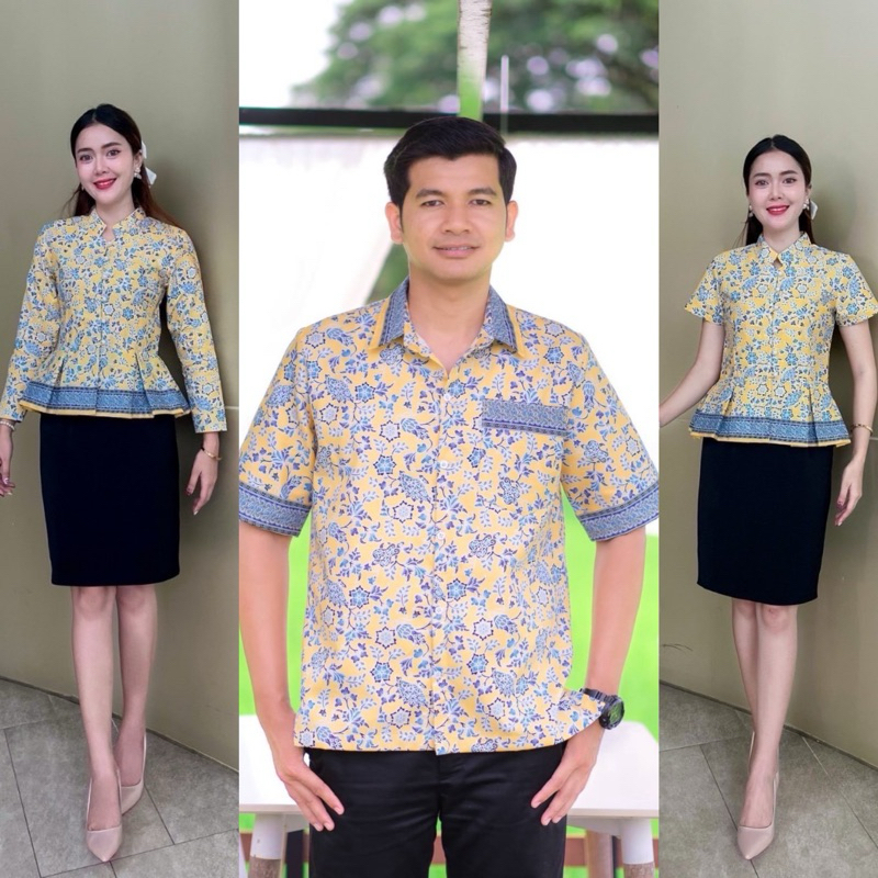เสื้อใส่ทำงาน ลายพัด สีเหลือง ชาย หญิง อัดกาว