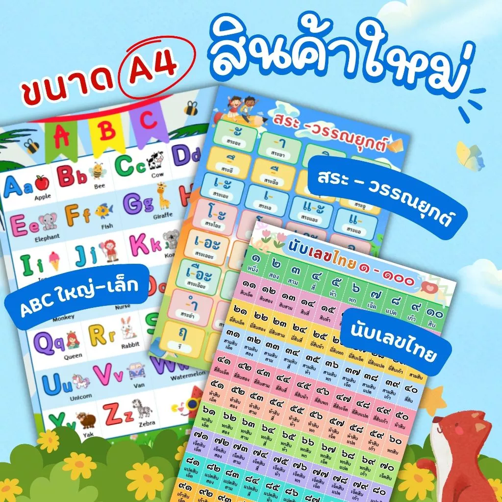แผ่นความรู้ ขนาด A4 แบบกระดาษ เคลือบพลาสติก แผ่นเรียนรู้ แบบหัดอ่าน