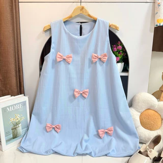 Dress แขนเว้าบอลลูนทรงปล่อยแต่งโบว์ ( Ba-9 ) 🎀✨