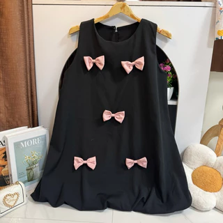 Dress แขนเว้าบอลลูนทรงปล่อยแต่งโบว์ ( Ba-9 ) 🎀✨