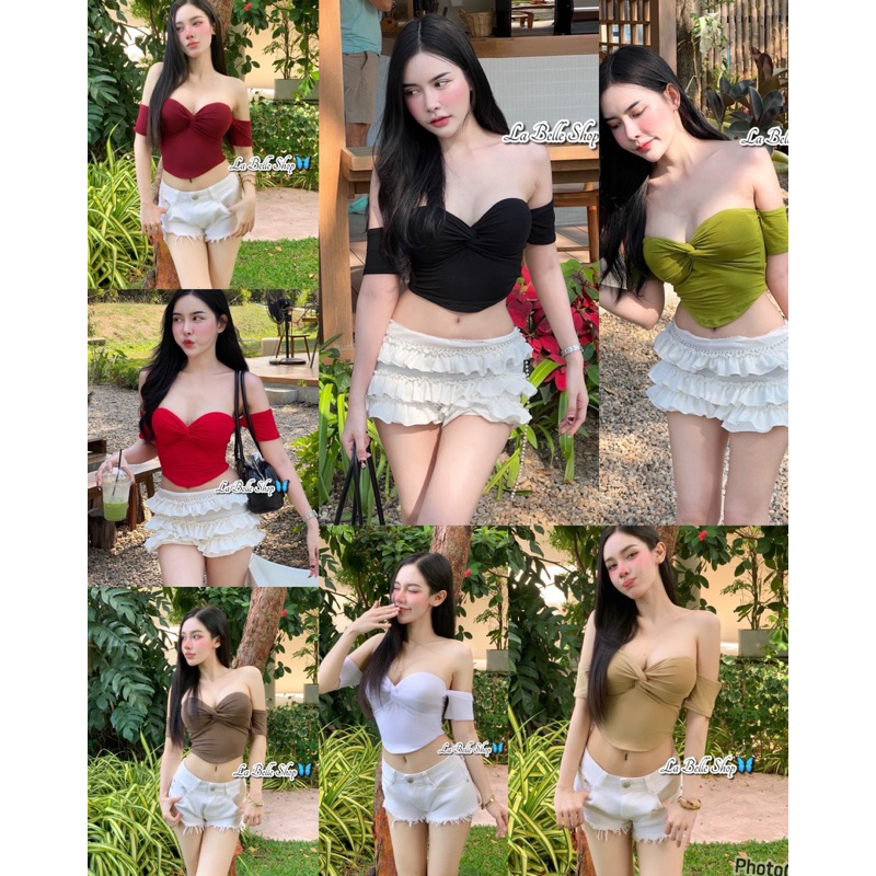 🎊mnv_shop🎊เสื้อปาดไหล่แขนสั้น เรย่อนเกรดA   เสริมฟองน้ำอกบิดเปิดไหล่มียางยืดด้านหลัง   งานแบบใหม่ล่าสุด