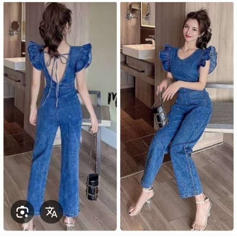 #Jeans Jumpsuit  จั้มยีนส์ แขนระบายผูกหลัง ป้าย Auan wel size l