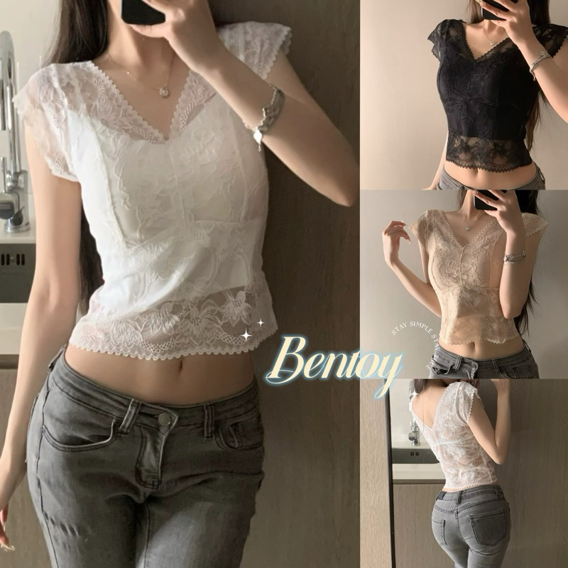 Bentoy ( bratop2​603L )เสื้อครอปซีทรูแขนสั้น ปักลูกไม้ คอวี ทรงเอวลอย รัดรูป​ ดูเรียบหรูเซ็กซี่ในตัว