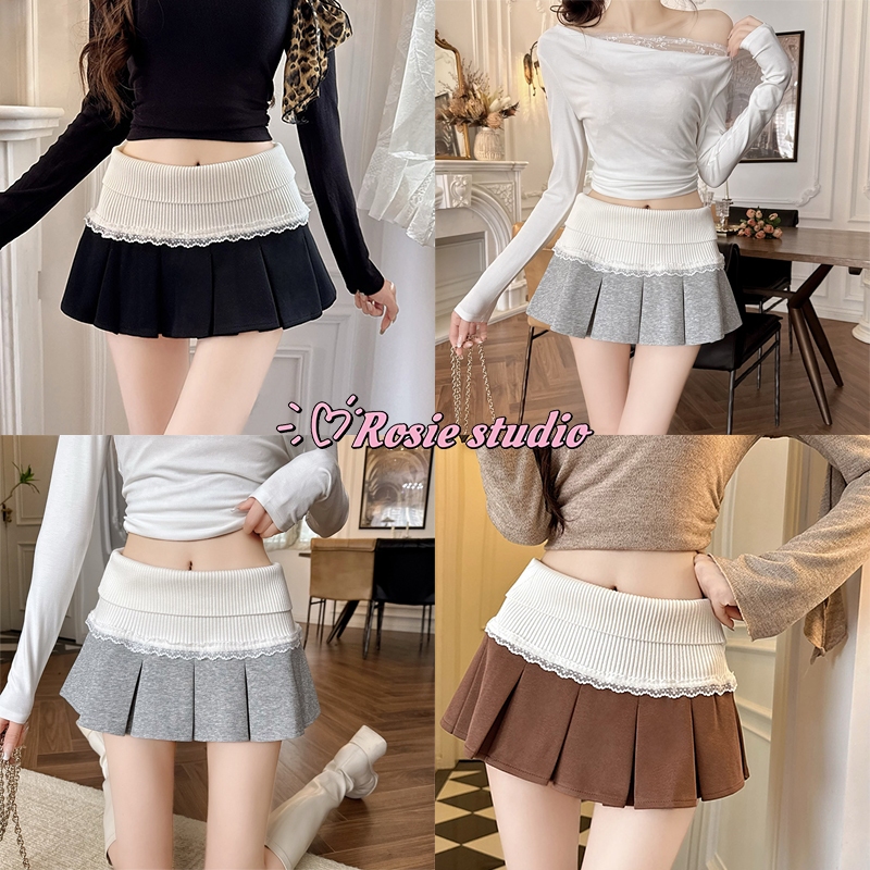 ROSIE🍒พร้อมส่ง🍒กระโปรงสั้นผู้หญิง🐼เอวสม๊อคแต่งลูกไม้ ทรงรัดเอว กระโปรงพลีทสั้นสุดฮิต เนื้อผ้าดี เซ็กซี่แซ่บ ใส่ไปทะเล