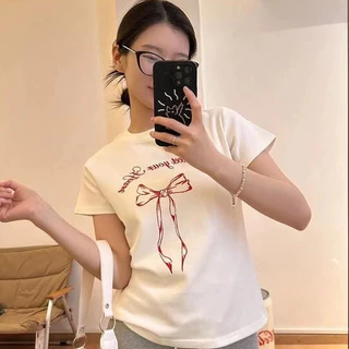 🎀🎀เสื้อโบว์ ผู้หญิง เสื้อยืด oversize คอกลมแขนสั้น พิมพ์ลายน่ารัก แฟชั่่นเสื้อสวยๆ สีพื้น สีขาว-สีดำ สำหรับผู้หญิง