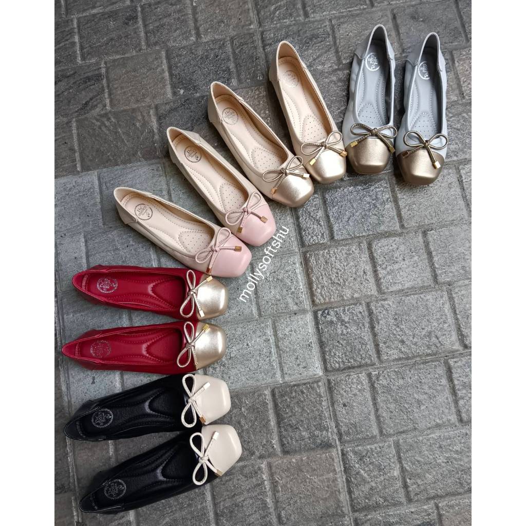 รองเท้าคัทชูสไตล์บัลเล่ต์ de shoes หัวตัดสองสี (two tone) แต่งโบว์สุดคิ้วท์ พื้นด้านในนุ่มใส่สบาย เท้าอวบ+1ไซด์(์ฺNB725)