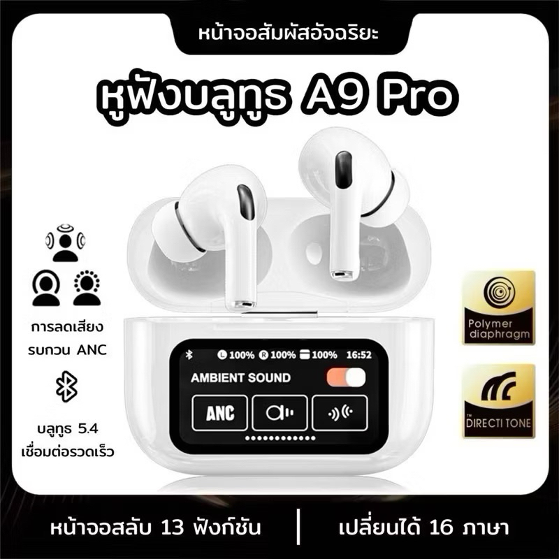 หูฟังบลูทูธA9Pro มาพร้อมกับหน้าจอสัมผัส LCD อัจฉริยะรองรับบลูทูธเวอร์ชัน5.4 มีฟังก์ชันตัดเสียงรบกวน 13 ฟังก์ชันการใช้งาน