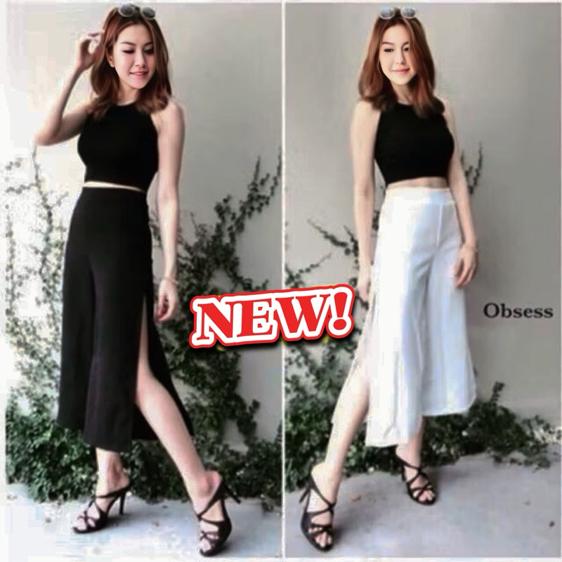 14สี S-2XL กางเกงขาบาน 5 ส่วนผ่าข้าง งานซิปซ่อนด้านหลัง