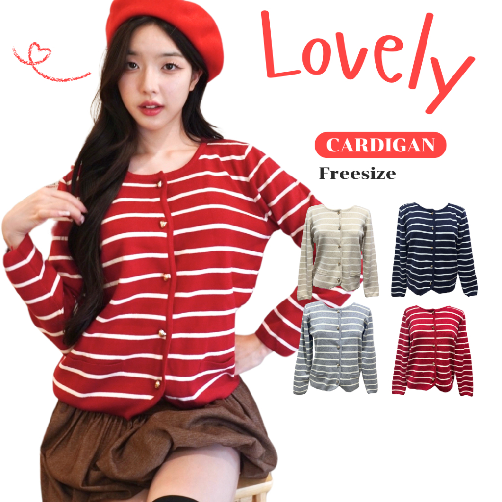 JARINYA เสื้อคลุมแขนยาวลายทางสีพื้น กระดุมแต่งหัวใจ (T827)