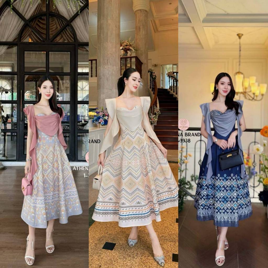 Athena Dress พิมพ์ลายทรงเจ้าหญิงดีไซน์ตัดต่อผ้าแต่งระบาย หน้าอกเสริมฟองน้ำจัดทรงสวย เนื้อผ้าดี๊ดีมีTexture