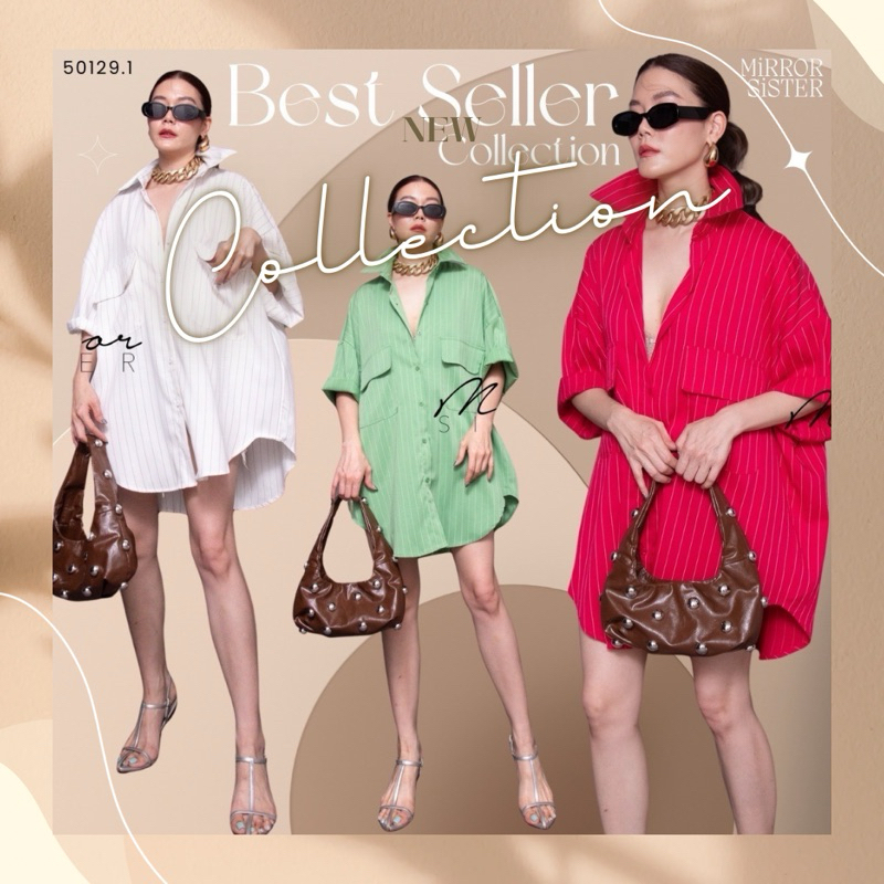 mirrorsister 50129.1 เสื้อเชิ้ตแขนสั้นลายริ้วทางลง มีกระเป๋าฝาปิด2ข้างซ้ายขวา