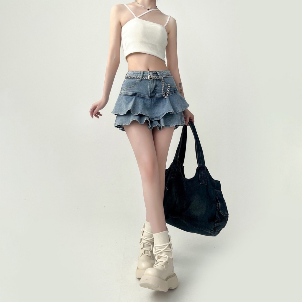 XS-4XL กระโปรงกางเกงยีนส์ สไตล์สาว Y2Kกระโปรงยีนส์แต่งระบายสองชั้น กระโปรงยีนส์สไตล์เกาหลี ผ้านุ่ม กางเกงขาสั้นเข้ารูป C - รูปที่ 3