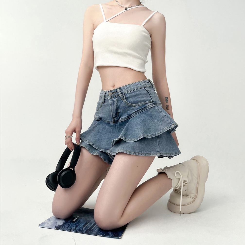 XS-4XL กระโปรงกางเกงยีนส์ สไตล์สาว Y2Kกระโปรงยีนส์แต่งระบายสองชั้น กระโปรงยีนส์สไตล์เกาหลี ผ้านุ่ม กางเกงขาสั้นเข้ารูป C