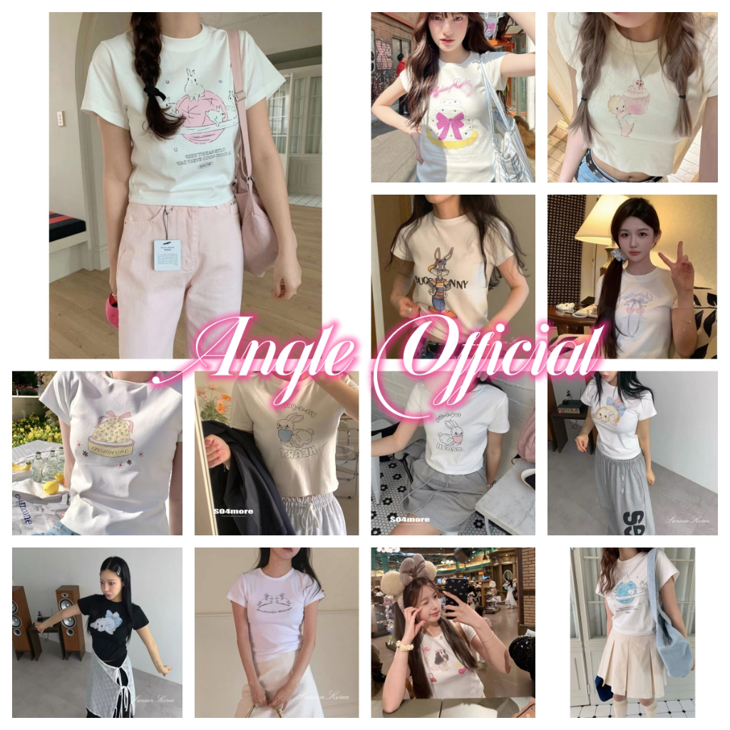 (จัดส่งตลอด 24 ชั่วโมง）Angle Official baby tee กระต่าย  เสื้อเบบี้ทีลายวน เสื้อครอปท็อป แขนสั้น พิมพ์ลายหัวจ#20