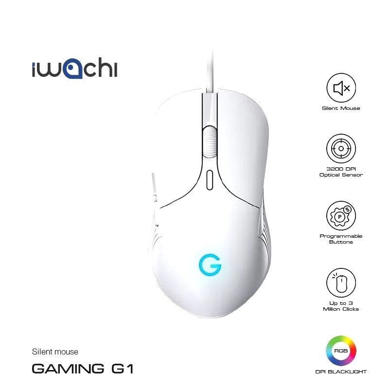 เมาส์ IWACHI G1 สำหรับเกมมิ่ง มีสายปุ่มกดไร้เสียง ระบบออปติคอล DPI 800/1600/2400/3200 (ตั้งค่าได้) แ