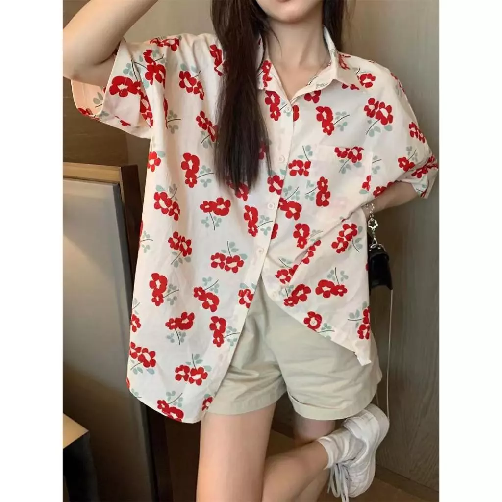 Veewink เสื้อเชิ้ตฮาวายผู้หญิง ลายดอกไม้สีแดง แขนสั้น thumbnail 4