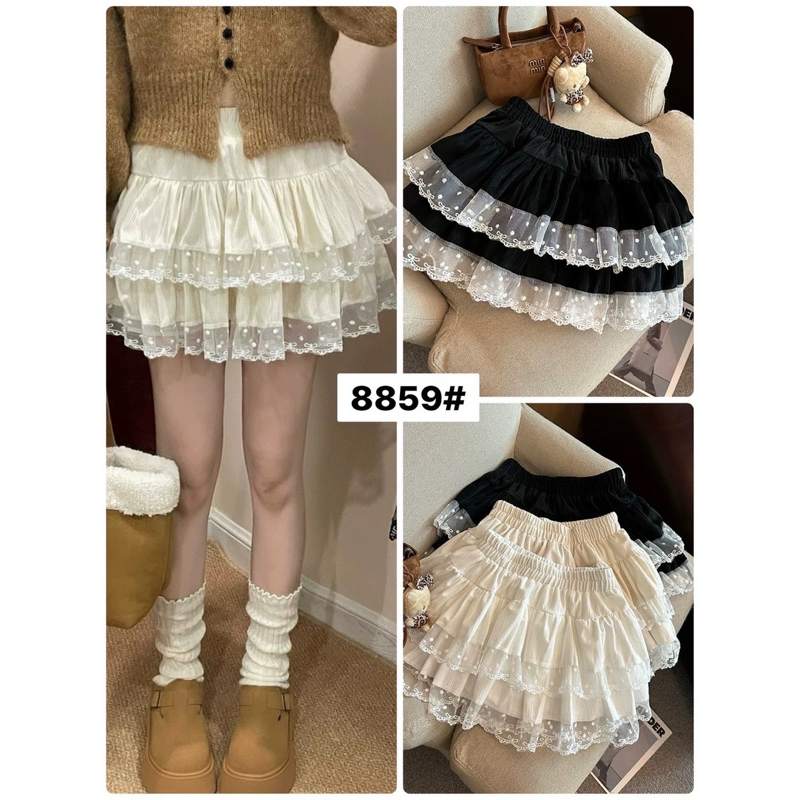 กระโปรงสั้นผ้าลูกฟูกแต่งชั้นลูกไม้ แต่งระบาย2 ชั้นเอวยางยืดซับในกางเกง #8859