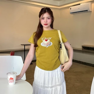 🌈SpinnyHouse🌈เสื้อยืดคอกลมแขนสั้น ผ้ายืดยูนิ แต่งจั๊มข้าง สกรีนลายเค้กน่ารัก 🎀สาวอวบใส่ได้ รุ่น จั๊มข้างเค้ก