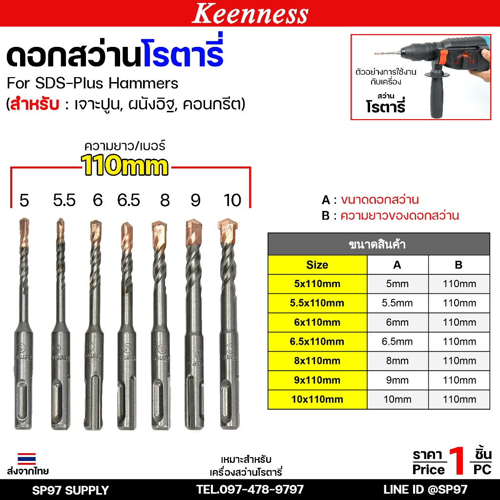 Keenness ดอกสว่านโรตารี่ ดอกโรตารี่ ดอกสว่าน ดอกสว่านเจาะปูน เจาะคอนกรีต ดอกเจาะผนังอิฐ ขนาด ยาว 110มิล (1ดอก)