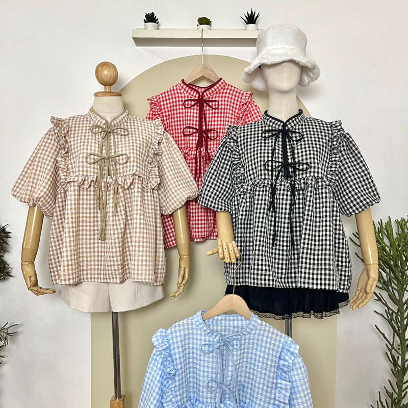 เสื้อสาวอวบ แขนบอลลูนผูกโบว์2ชั้น อก 32-50 นิ้วใส่ได้ สินค้าพร้อมส่ง