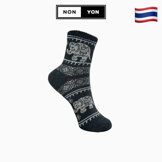 (สินค้างานไทย) ถุงเท้าข้อกลางลายช้าง เนื้อหนานุ่ม สีพื้น เซต 1 คู่ #WK
