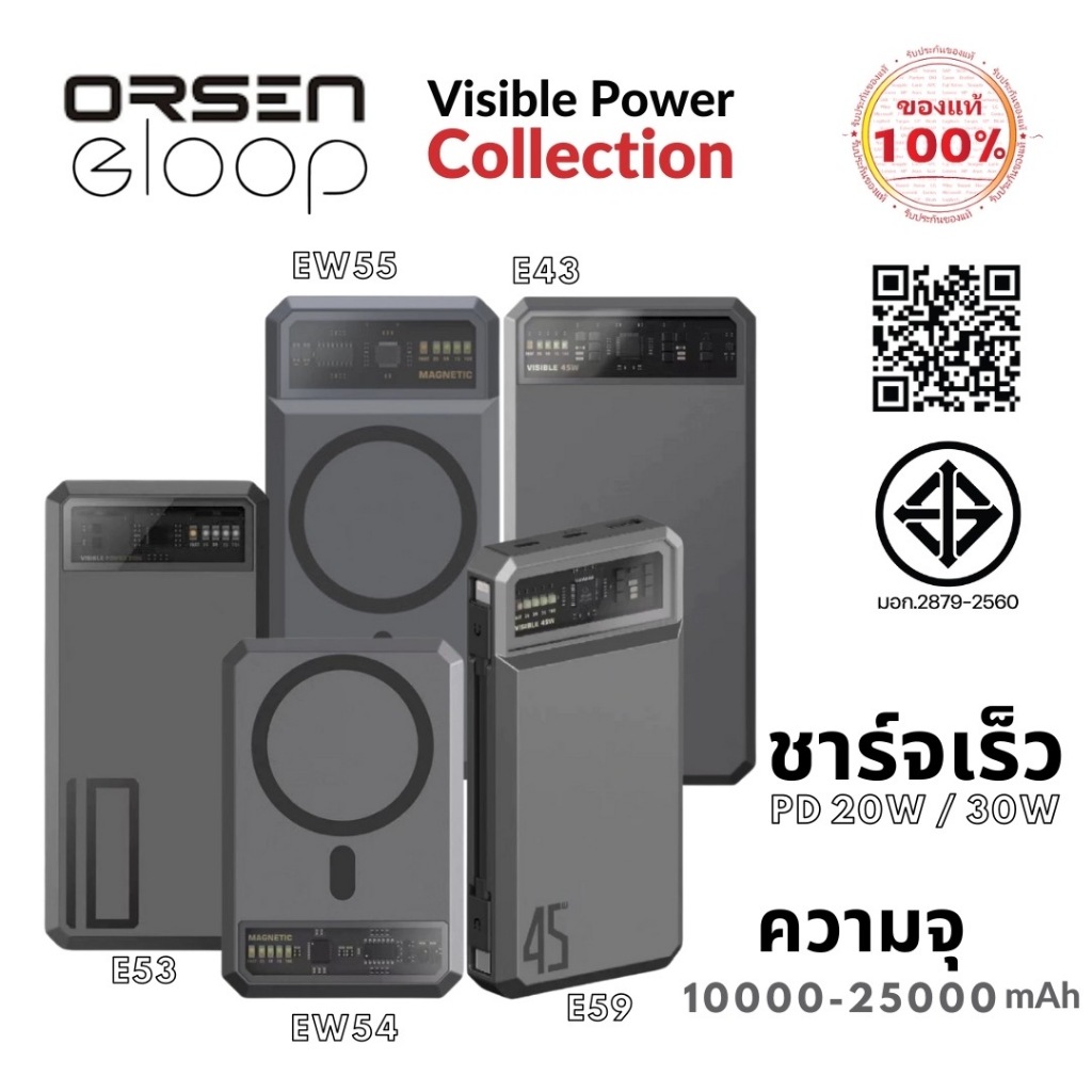 Eloop Orsen E43 E53 EW54 EW55 E59 power bank แบตสำรอง10000-25000Mah Wiraeless Charger โทรศัพท์