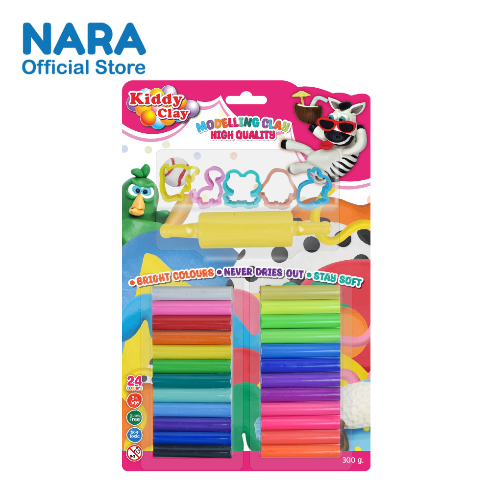NARA Modelling Clay ดินน้ำมันไร้สารพิษ 24 สี ขนาดรวม 300 กรัม + แม่พิมพ์ 3 ชิ้น เเละไม้นวด