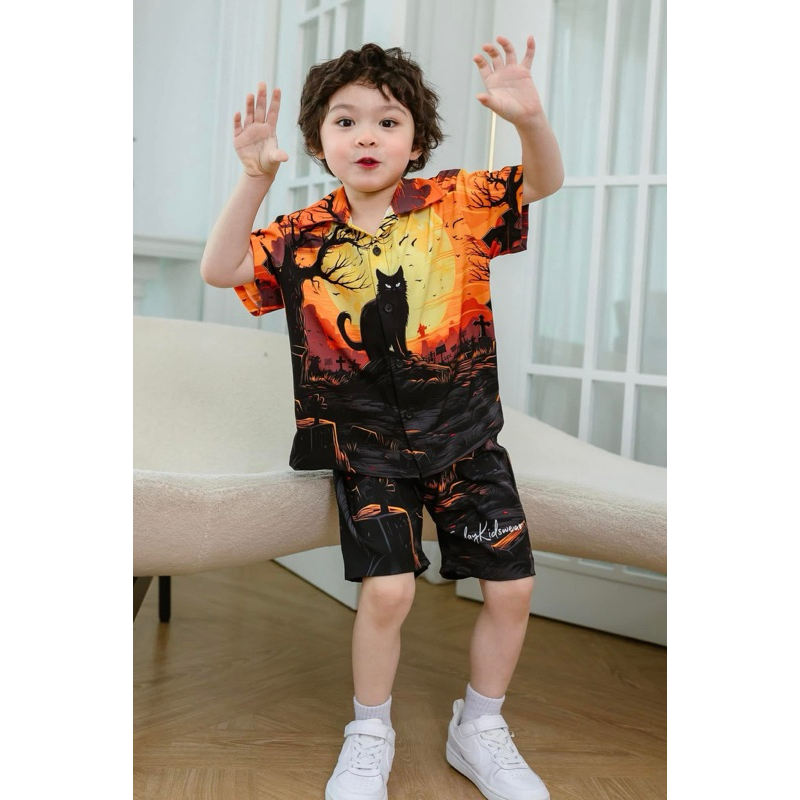 💗 ส่งต่อ Funday kidswear “halloween collection 2024“ shirt & shorts size 3y น้องแมวดำ