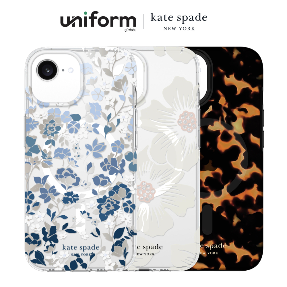 เคสมือถือ KATE SPADE Prints Mag for iP 16e / 17e / 15 / 14 / 13 - Flowerbed Blue , Hollyhock Floral , Transparent Tortoi