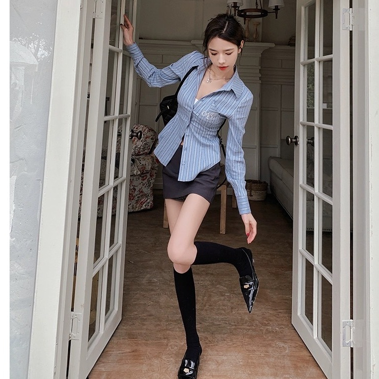 Shop_mkl เสื้อเชิ๊ตลายทาง  เข้ารูปดึงเอว ปักลาย สไตล์อเมริกัน สำหรับผู้หญิง แฟชั่นฤดูใบไม้ผลิ  #2325