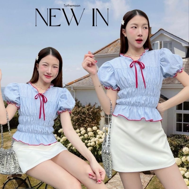 Enfant : เสื้อแขนตุ๊กตา จั้มเอว3ชั้น แต่งระบายผูกโบว์อก