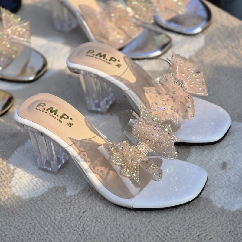 💕OHODOODEE 💕รองเท้าส้นแก้วสูงตันสูง 3 นิ้ว โบว์วิบวับ ( โบว์ PMP ) - รูปที่ 3