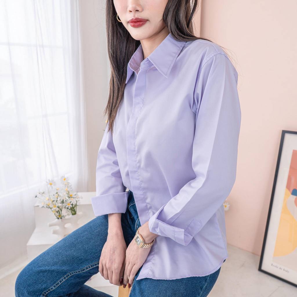 (A32 สีม่วงพาสเทล-รุ่นซ่อนกระดุม) ผ้าCottonคุณภาพดี เสื้อทำงาน เสื้อใส่เที่ยว