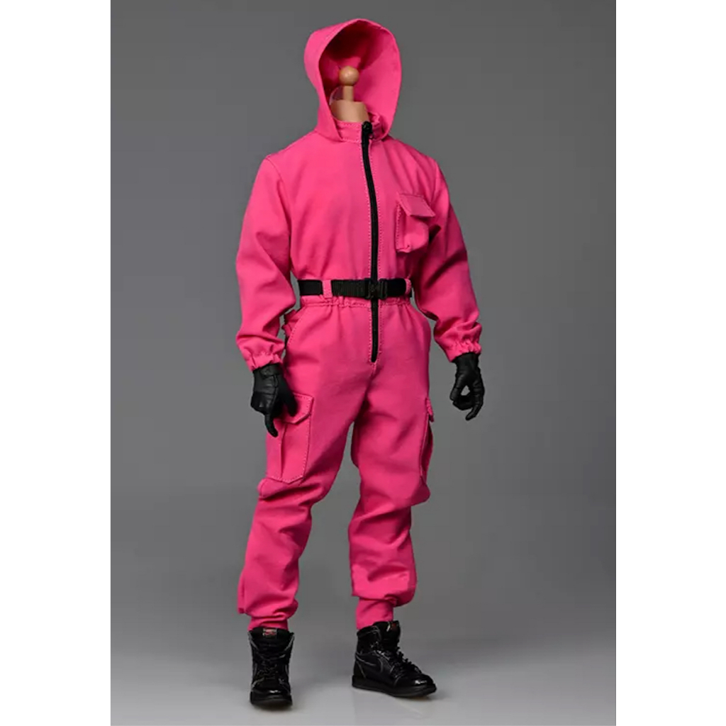 in-Stock 1/6 Scale Squid Game Guard Soldiers Clothes Accessories Pink Coverall Hoodie Jumpsuits & Belt Model